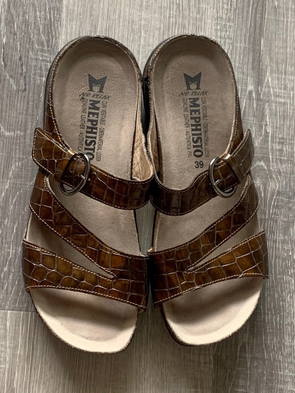 Mephisto Afida Brown Croc Sandals Leather Air Relax Slide Shoes Women’s 9 EU 39